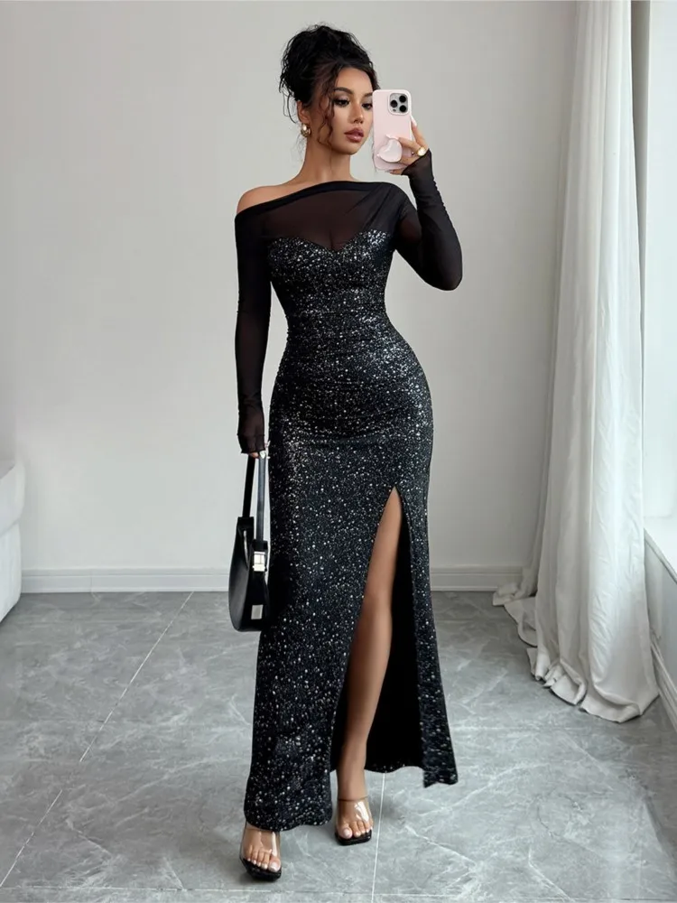 

2025 Slit Dress Sequin Vestidos Prom Dresses Long Sleeve Vestido Feminino Patchwork Banquet Slim Elegant French Sexy Temperament