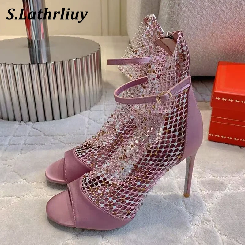 Sexy Thin Heels Peep Toe Sandals Women's Shiny Rhinestone High Heels Sandalias Summer Transparent Mesh Hallow Outs Cool Boots