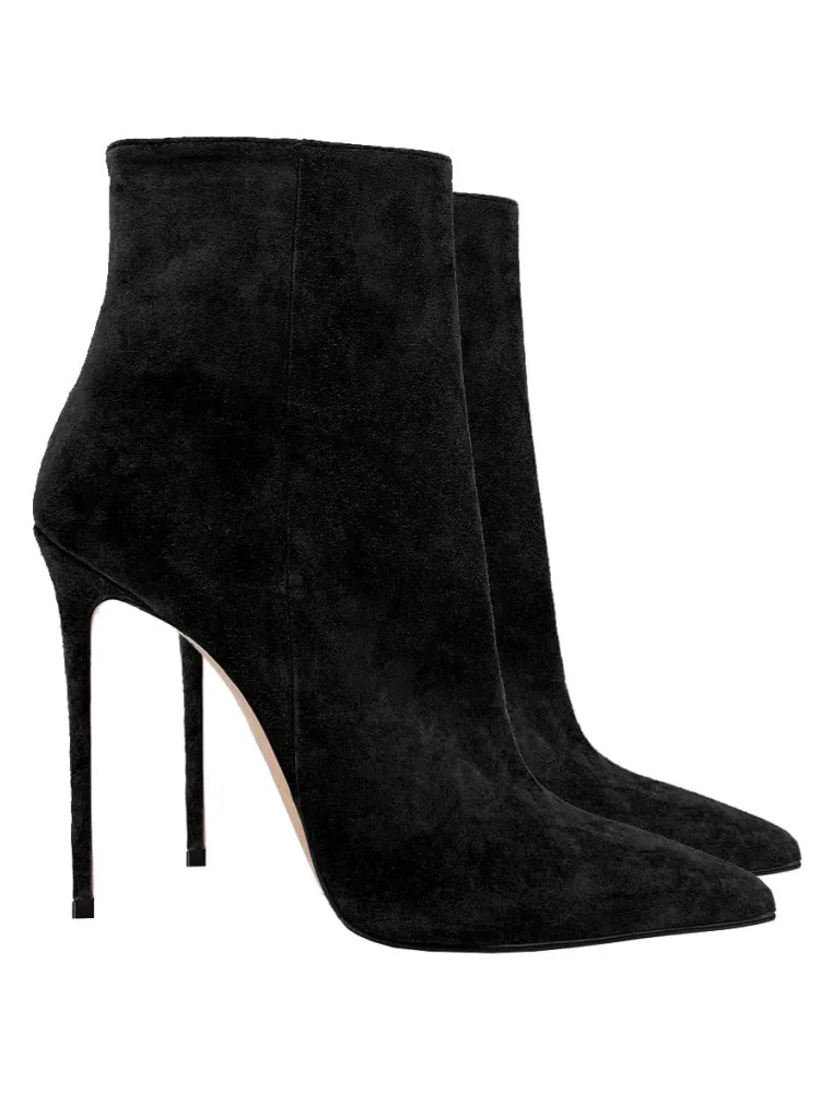 

2025 г., короткие ботинки на высоком каблуке с острым носком, замшевые модные женские ботильоны для подиума, осень и зима, размер 35–46, женские ботильоны больших размеров