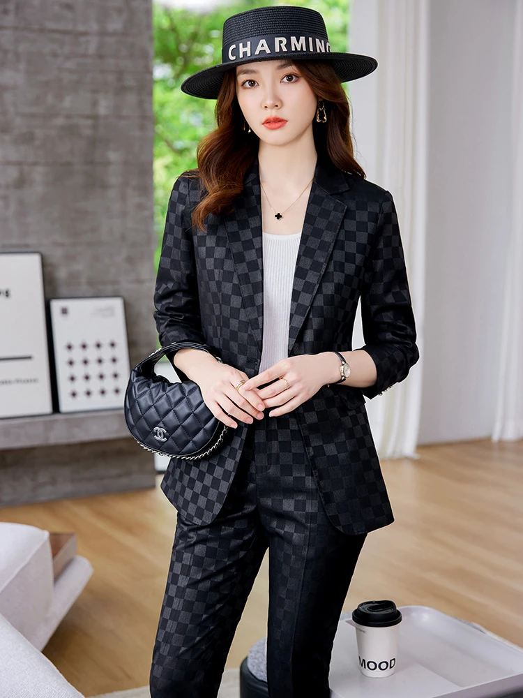 Pink Plaid Suit Jacket Women's Autumn Winter High End Elegant Fashion Casual Women's Suit Set Professional Workwear