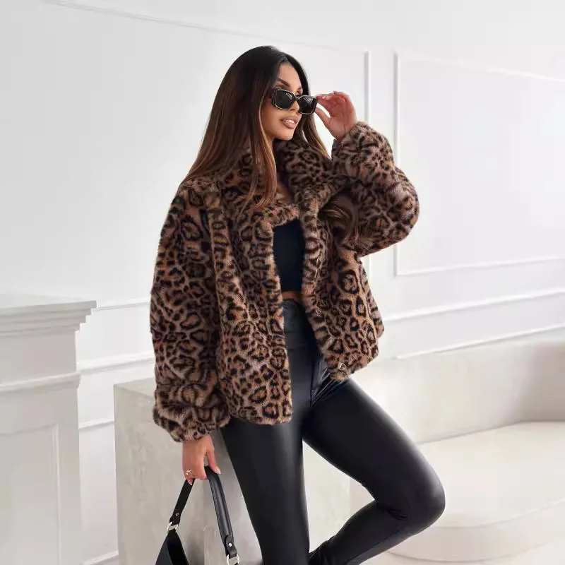 Women Jackets Print Leopard Thick Warm Coats Cardigan Turn Down Collar Streetwear Jacket Open Stitch Casual Winter 2025