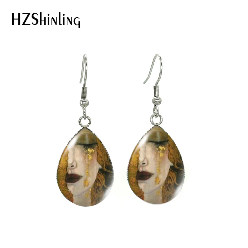 2020 New Gustav Klimt Kiss Painting Tear Drop Stainless Steel Earrings Golden Tears Mother and Baby Paintings Fish Hook Earrings