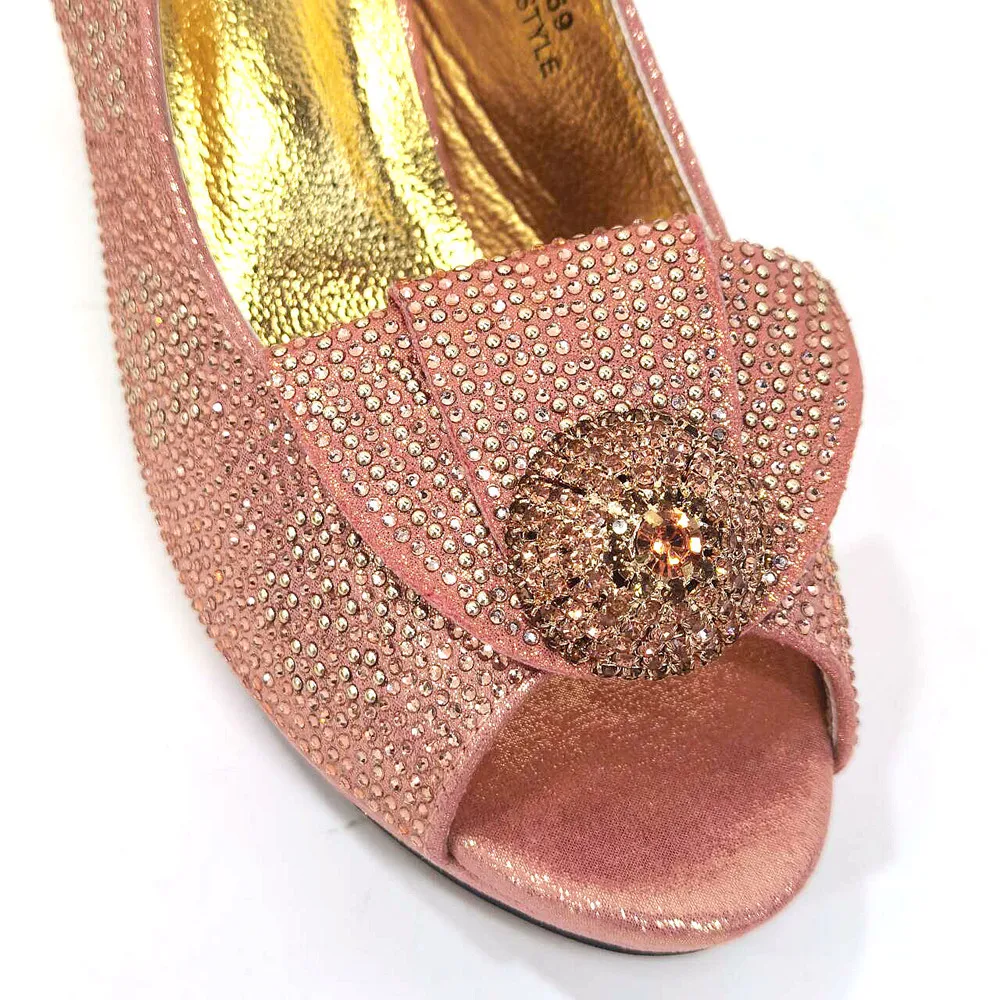 Venus Chan Latest Ladies Thin Heels Shoes and Bag Set Decorated with Rhinestones in Peach Color For Women Party Pump