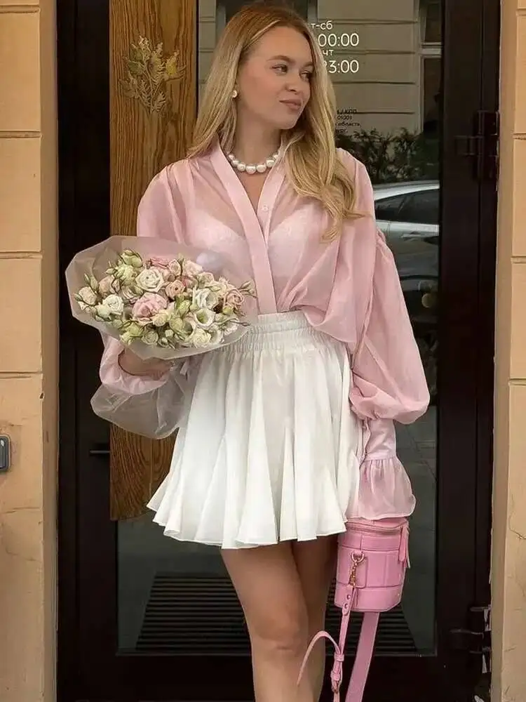 Casual solto transparente camisas femininas outono lapela manga longa retalhos blusa topo streetwear feminino camisas sólidas topo ml98