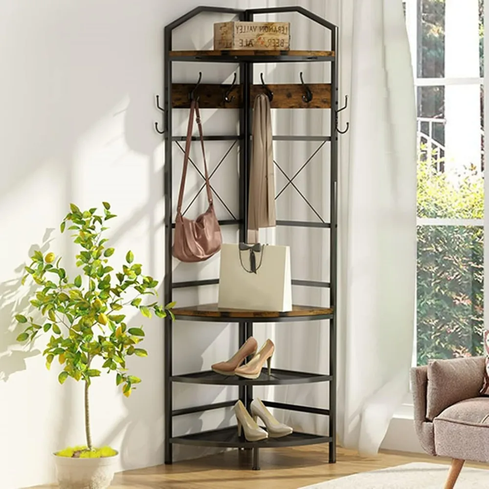 4-Tier Corner Coat Rack with Shoe Storage Entryway, Farmhouse Corner Hall Tree with Bench and 6 Metal Hooks