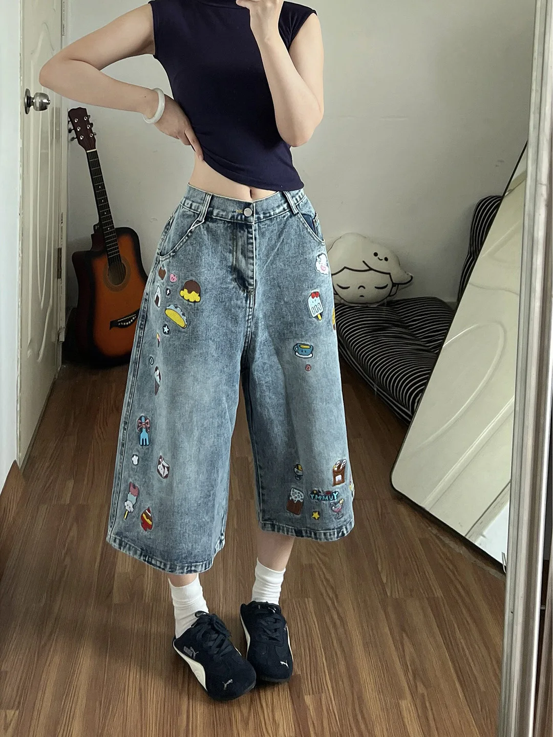 

American Cartoon Embroidery Vintage Wide Leg Seven-Foot Denim Shorts Women Summer Thin Loose Slimming Wide Leg Mid-Pants