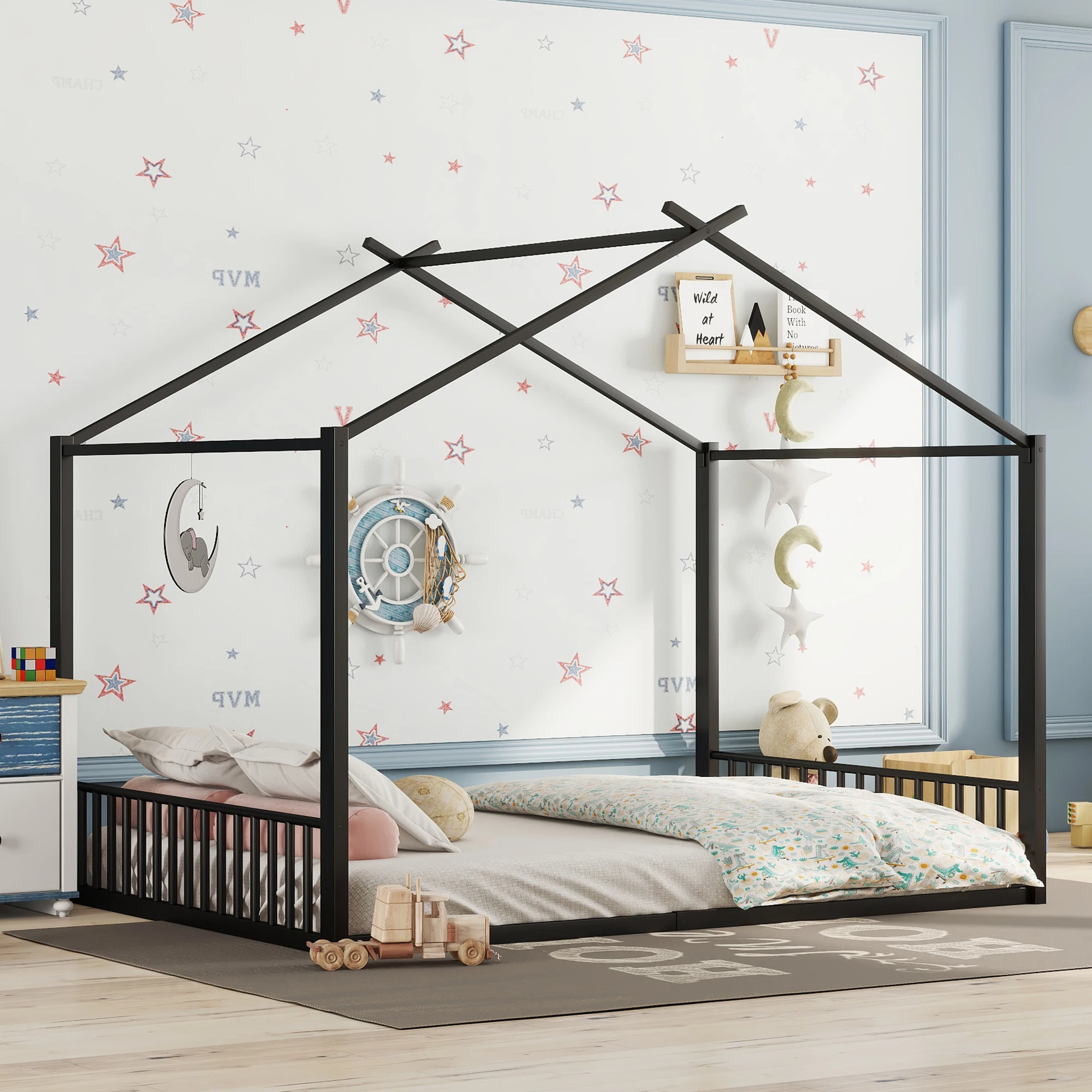 House-Shaped Upholstered Bed for Children - 140 x 200cm Metal Frame, Iron Frame Bed (Without Mattress)