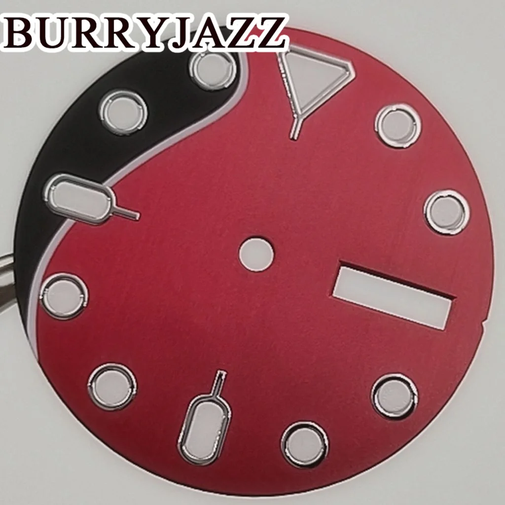 BURRYJAZZ 28.5 ملم بدون شعار NH36 قرص الساعة أسود أحمر مينا أخضر مضيء مناسب 3 الساعة 3.8 ساعة تاج