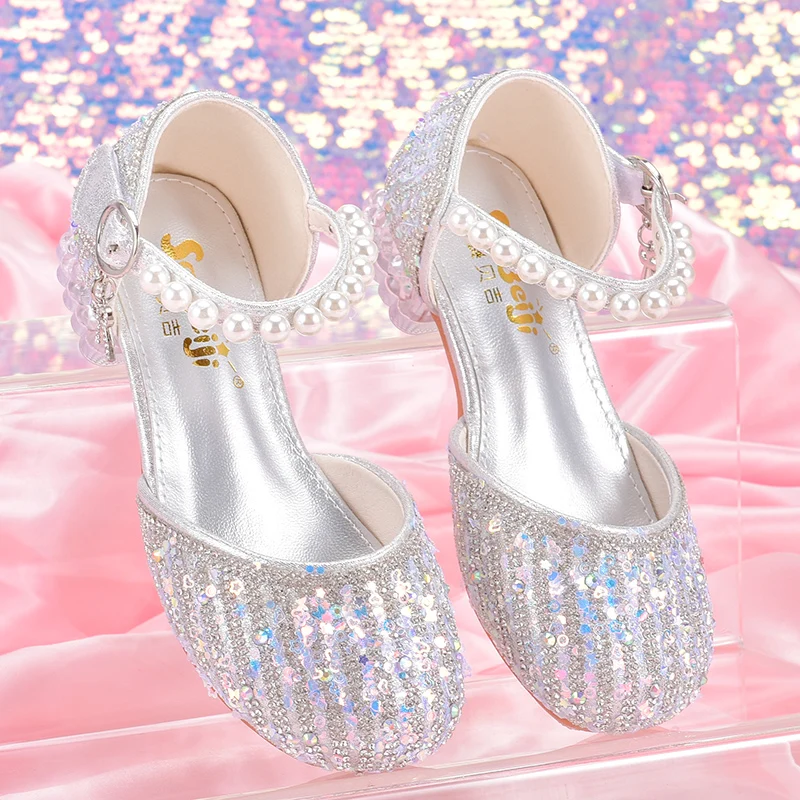 Girl princess shoes little girl piano performance catwalk stage flower girl shoes high heel crystal with dress girl