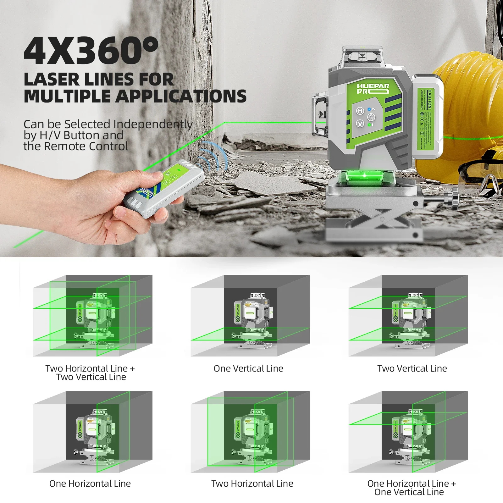 Huepar Professional Laser Level 4D 16 Lines ±2mm High Accuracy Green Cross Line Laser & 8000mAh Li-ion Battery For Construction