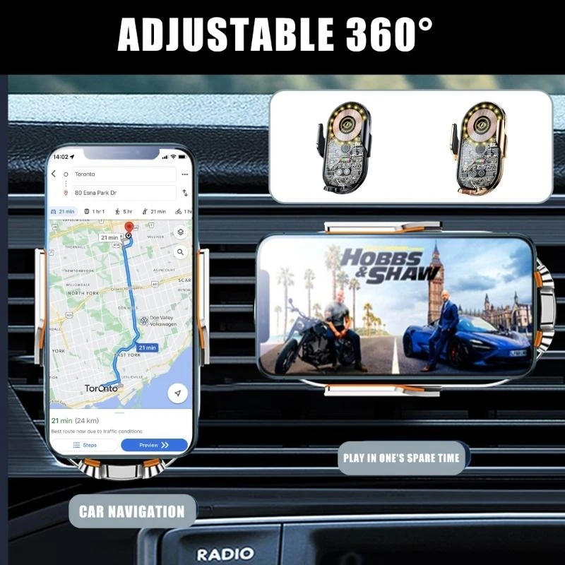 

R1WD Car Air Vent Mount Auto Clamping Phone Mount Clear Panel 15W Charging Holder