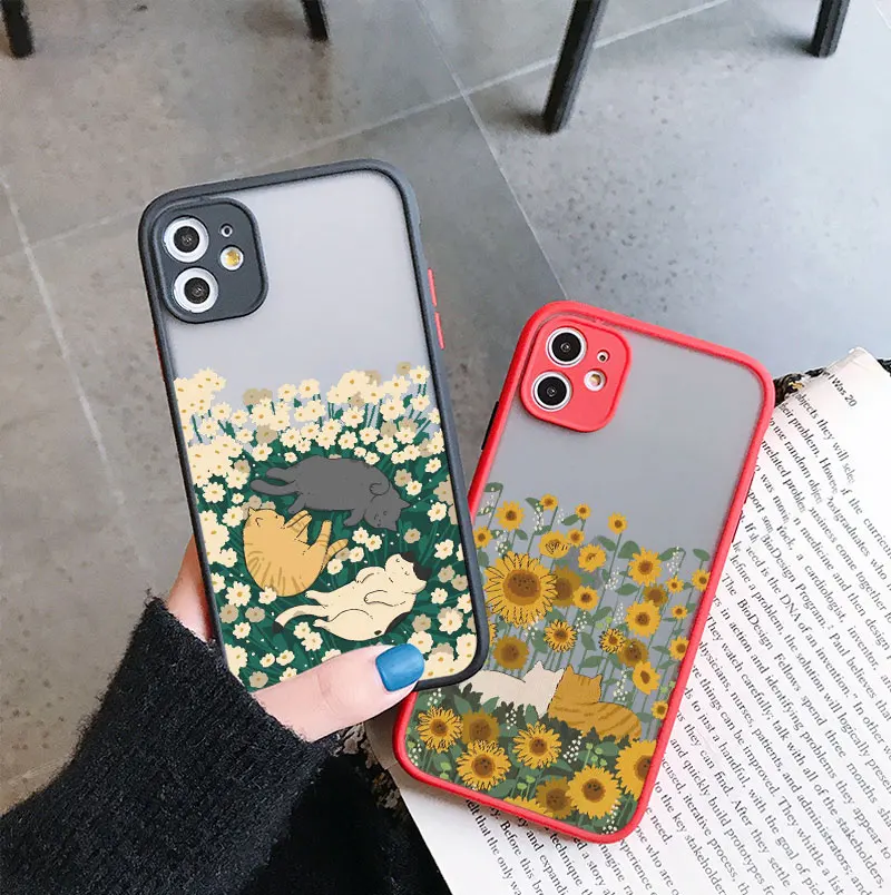 Fashion Cute flowers Cat Phone Case For iPhone 15 14 Pro Max 11 12 Pro 13 Pro Max 8 7 Plus SE2020 XS XR X Shockproof Back Covers