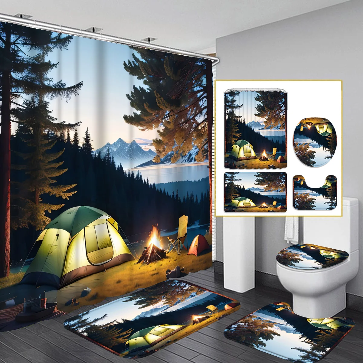 

Camping 4pcs shower curtain Bathtub Curtain, Shower Curtain with 12 Hooks, Bath Blanket, Toilet U-shaped Mat, Toilet Lid
