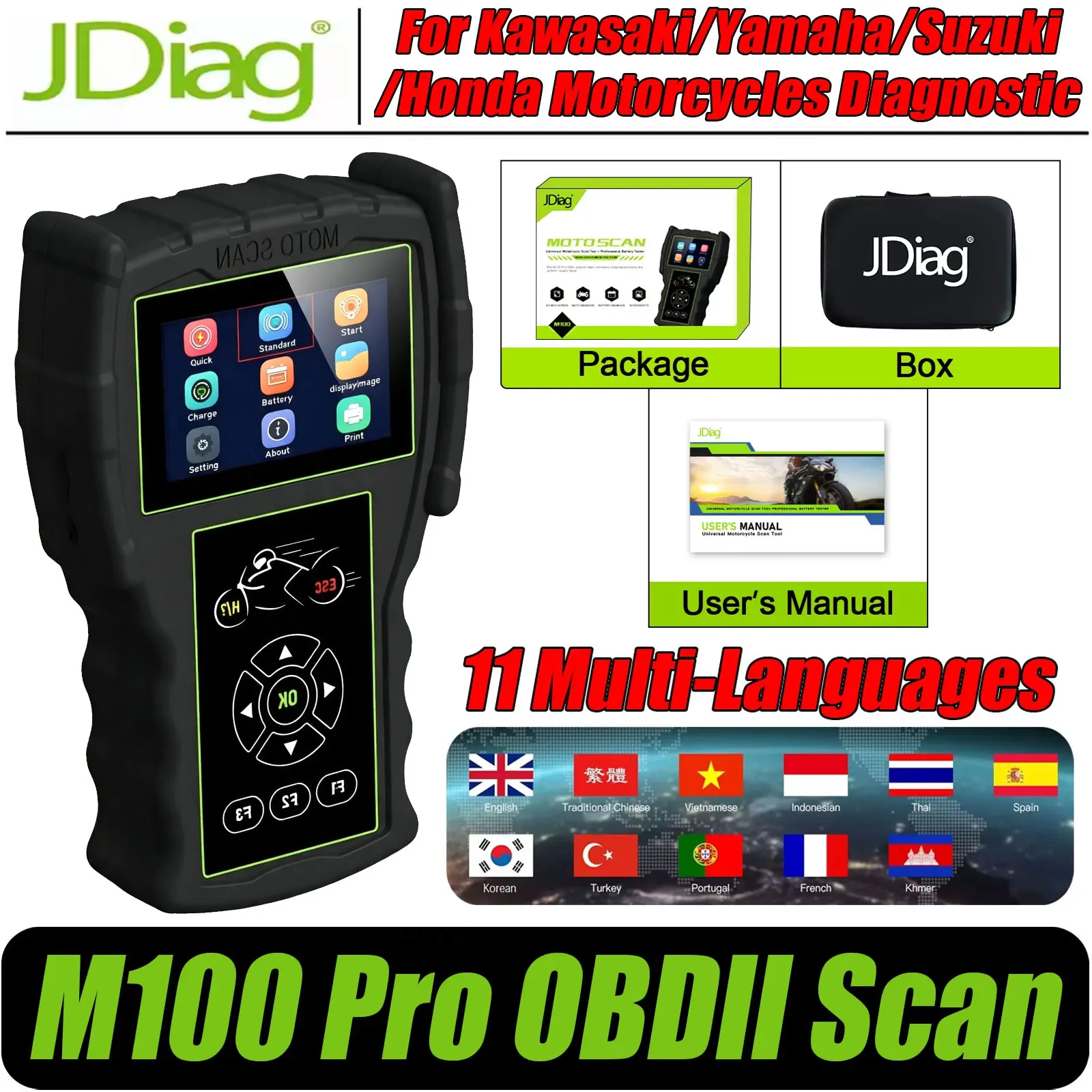 JDiag M100 Pro Diagnostic Scanner For Kawasaki Yamaha Suzuki Honda Multi-Languages Code Reader Engine Motorcycles OBD2 Scanner