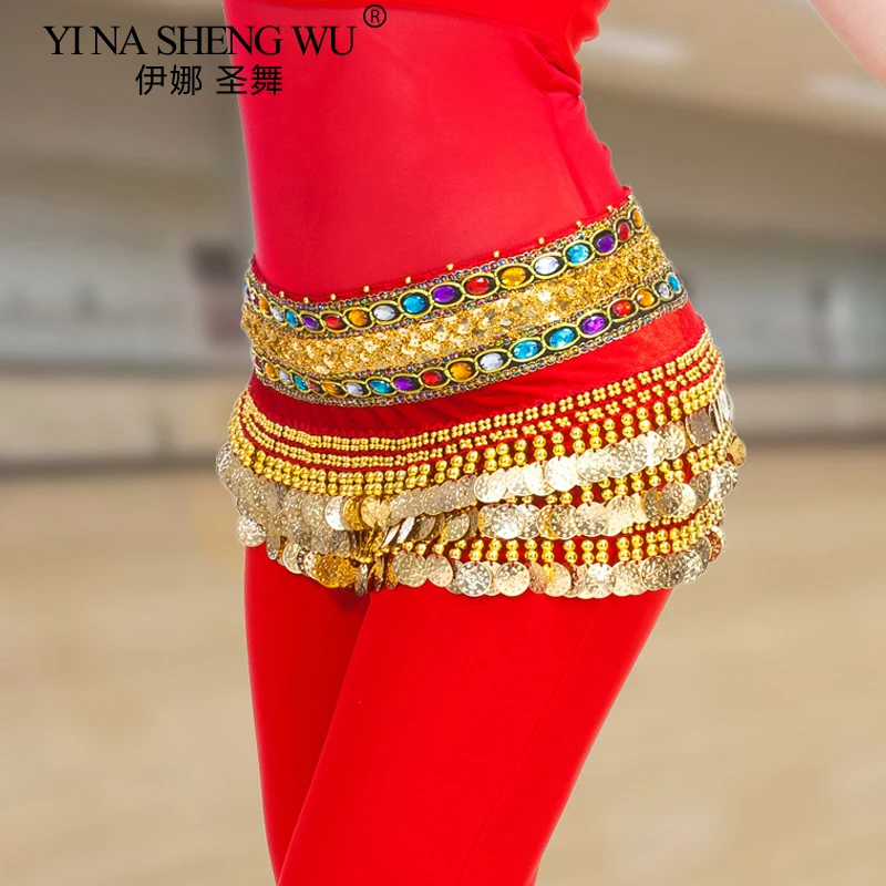 Mulheres dança do ventre cintura corrente cinto 248 moedas duplo diamante veludo hip cachecol índia/dança do ventre prática desempenho acessórios