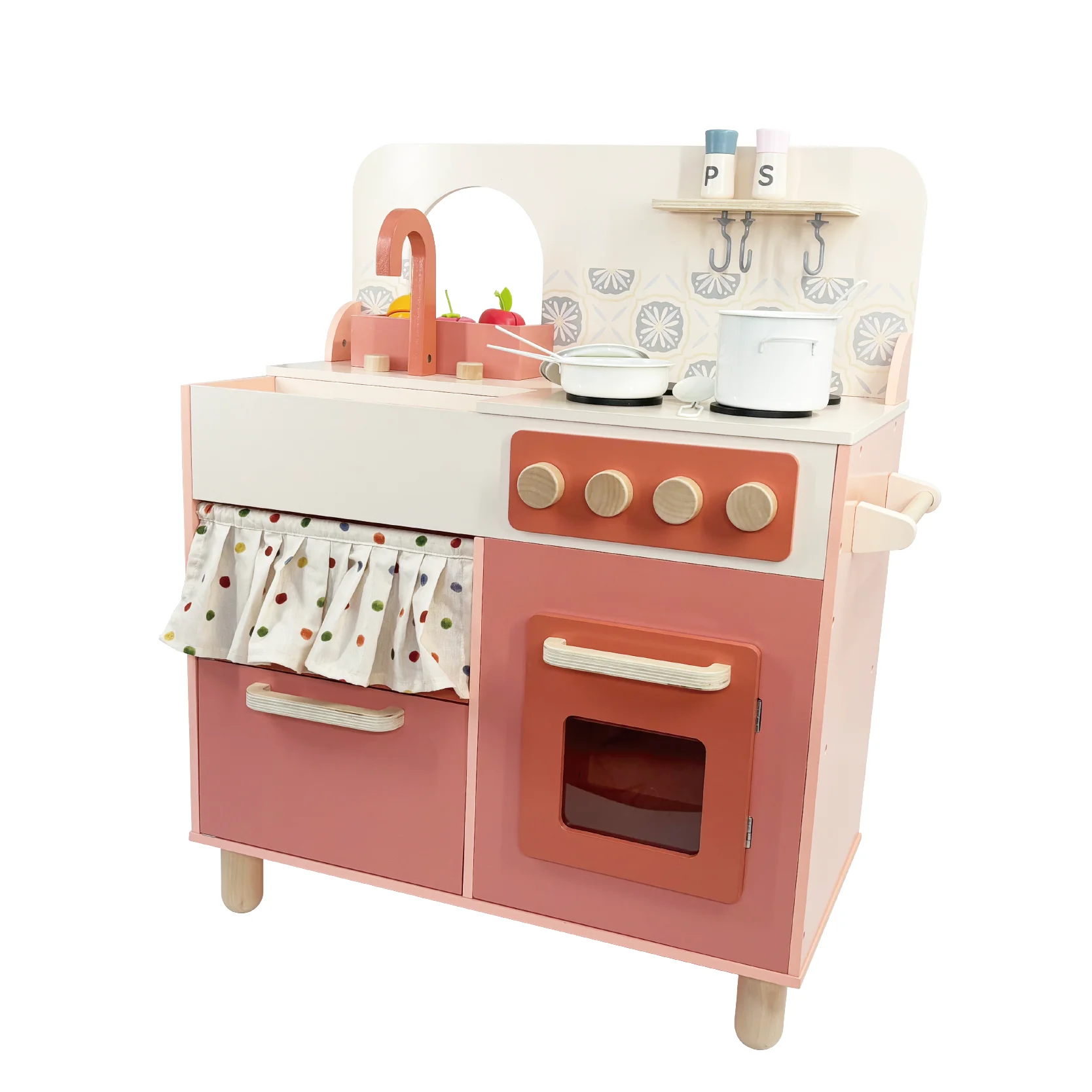 

Pretend Play Food Toy Multifunctional Educational Kids Kitchen Toys Girls Modern Eco Friendly Pink Wooden Kitchen Set