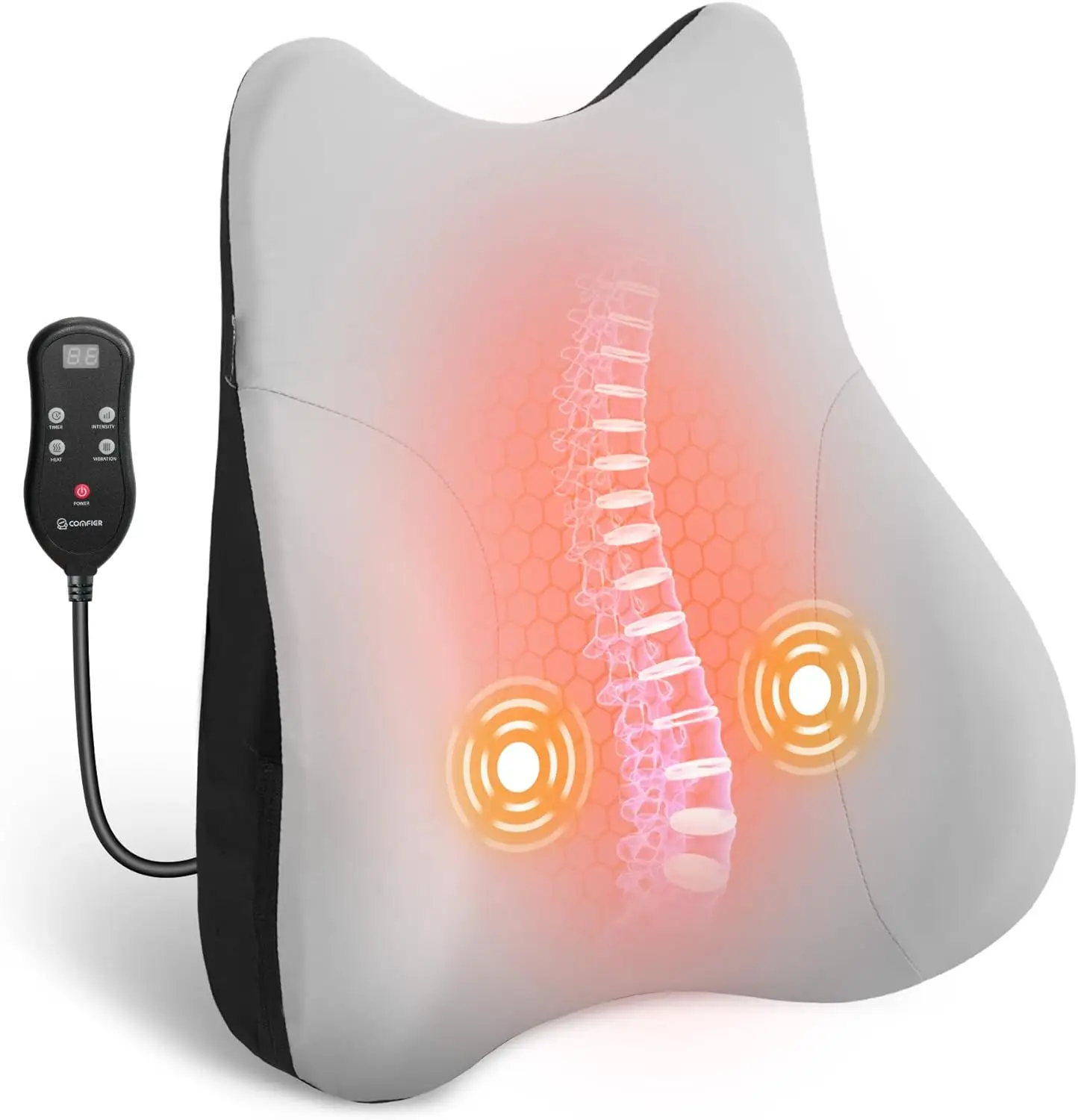 

Heated Lumbar Support Pillow with Vibration for Office, Car, Gaming Chairs - Ergonomic Back Cushion