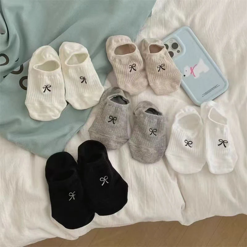 Embroidery Bowknot Cotton Socks Casual Short Bow Invisible Socks Elastic Anti Drop Heel Balletcore Boat Socks Summer