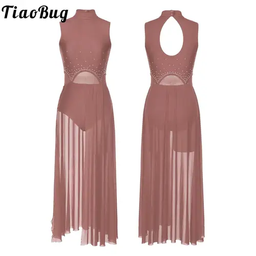 Imagen 1 del producto Vestido de baile lírico sin mangas con diamantes de imitación para mujer, leotardo de gimnasia de Ballet transparente asimétrico, Ropa de baile de rendimiento