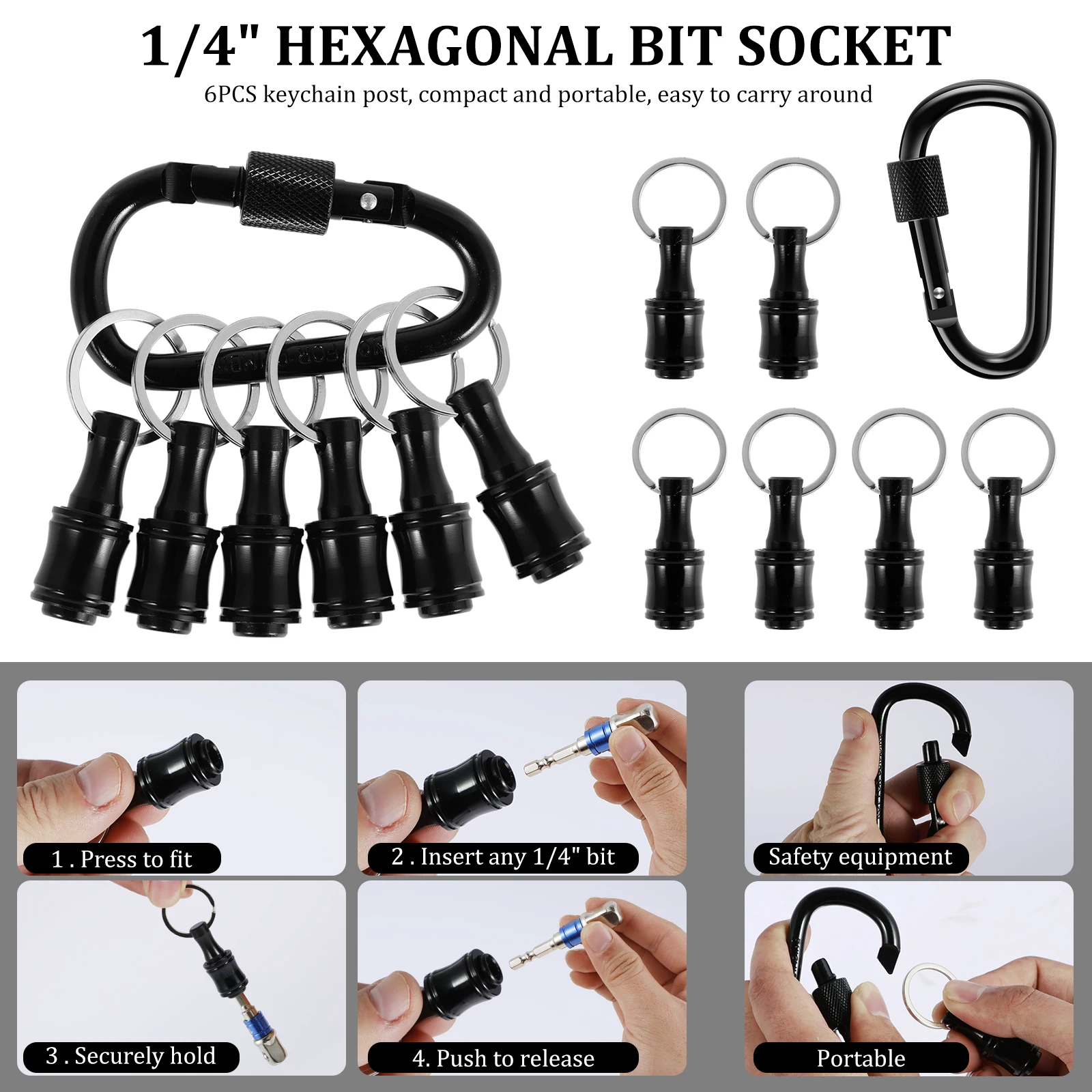 6Pcs Bit Holder With Carabiner 1/4inch Hex Shank Screwdriver Bits Holder Quick-change Extension Bar Keychain Drill Screw Adapter
