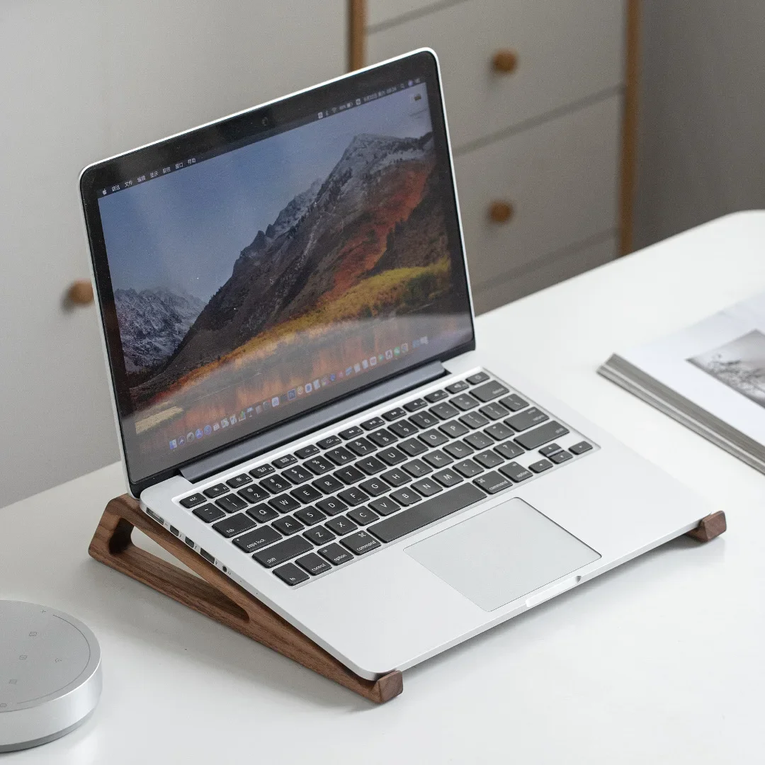 HeMu Walnut Wood Laptop Stand – Ergonomic Split-Type Notebook Riser with Hollow Design for Heat Dissipation – Desk Organizer