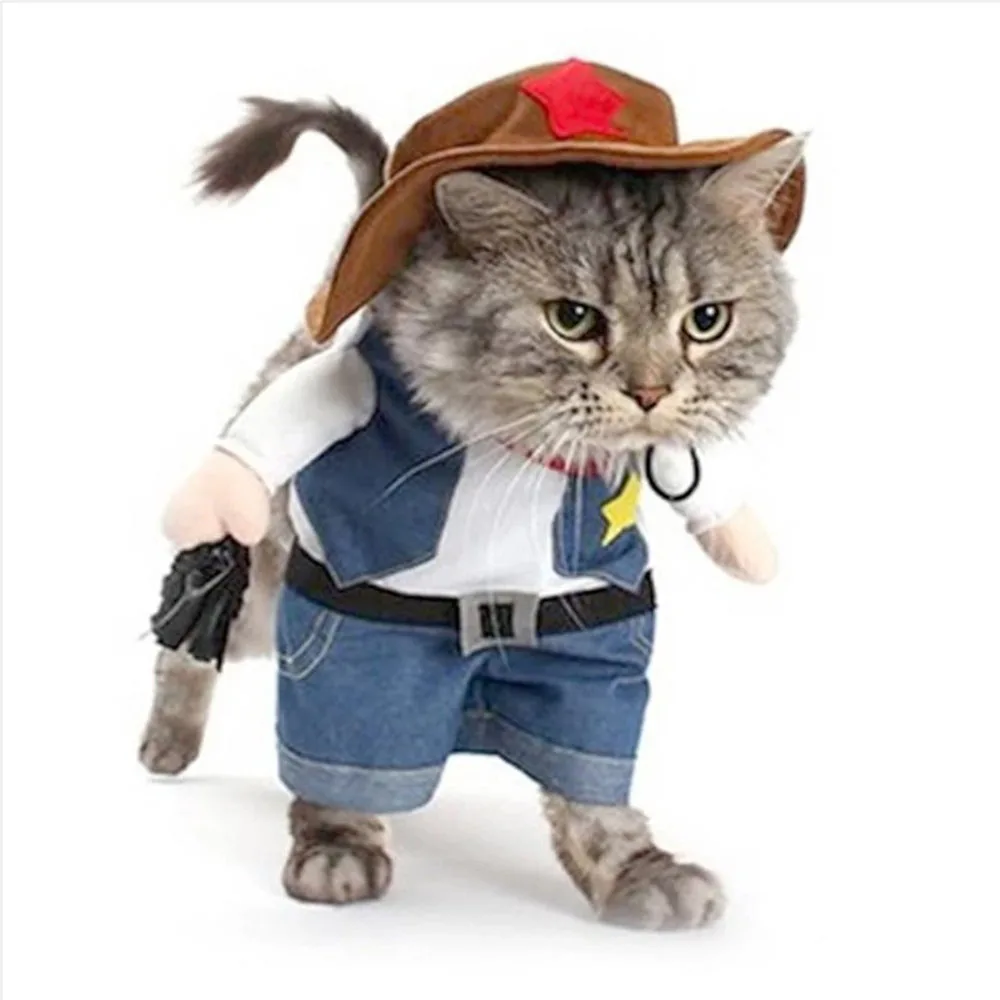 Lustiges Haustier Hund Katze Kostüm Cowboy Jeans Hoodie Shirts Halloween Kostüm Overall Welpen Kleidung Lustiger Mantel Katze Party Zubehör