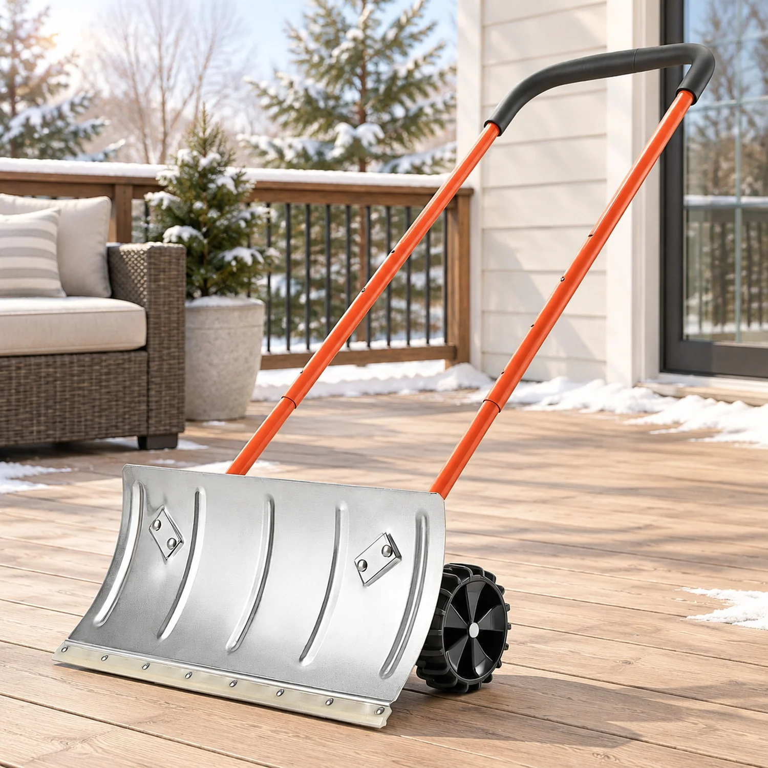 Snow Pusher Shovel with Wheels, 24 in Snowplow Bi-Directional Angled Blade & 90 Degree Adjustable Handle, Metal Winter, Portable