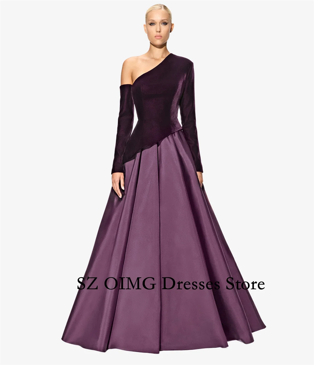 Colavis Customized New Two Tone One Shoulder Wave Dress  Party Dress Burgundy Long Sleeves A-Line  Prom Dress Gowns Customized