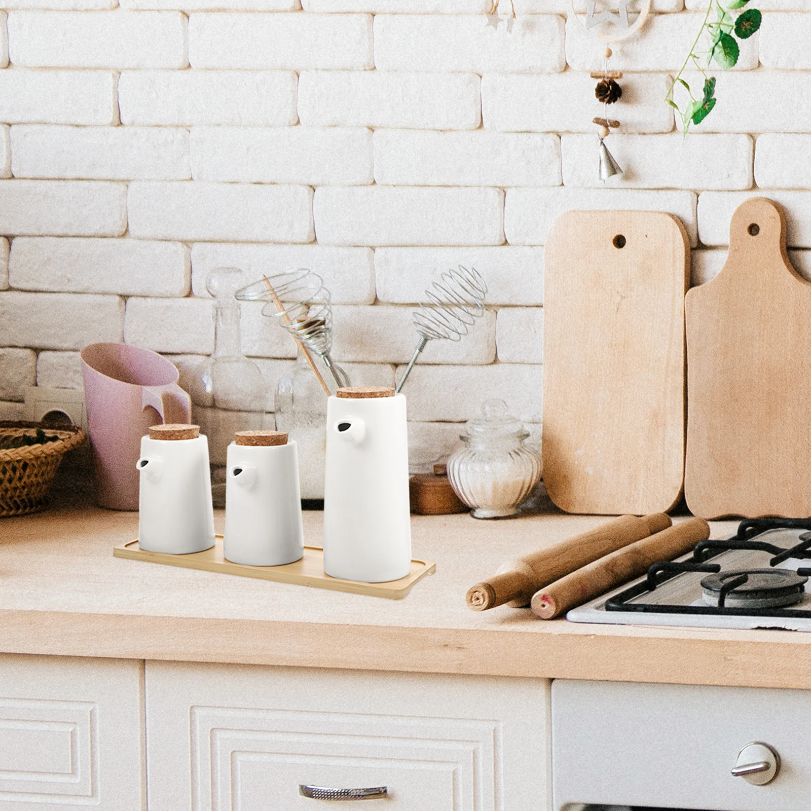 

1 set Ceramic Oil Pot Set Sauce Vinegar Bottle Condiment Dispenser Wooden Tray Home Kitchen Supplies Soy Dressing Storage