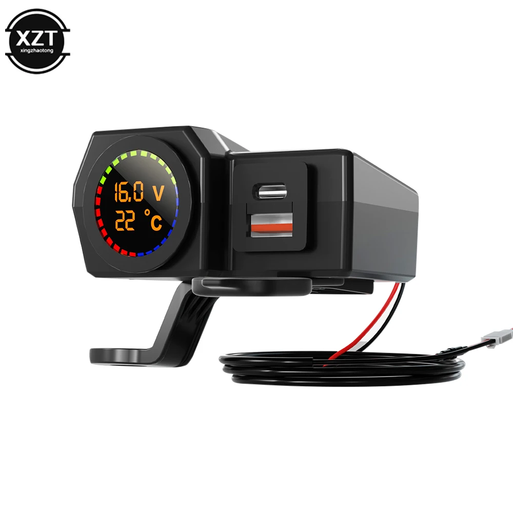 QC3.0 Motorcycle Dual USB Type C Charger Fast Charging Voltmeter Thermometer Digital Display 3.4A Mobile Phone Charger Socket