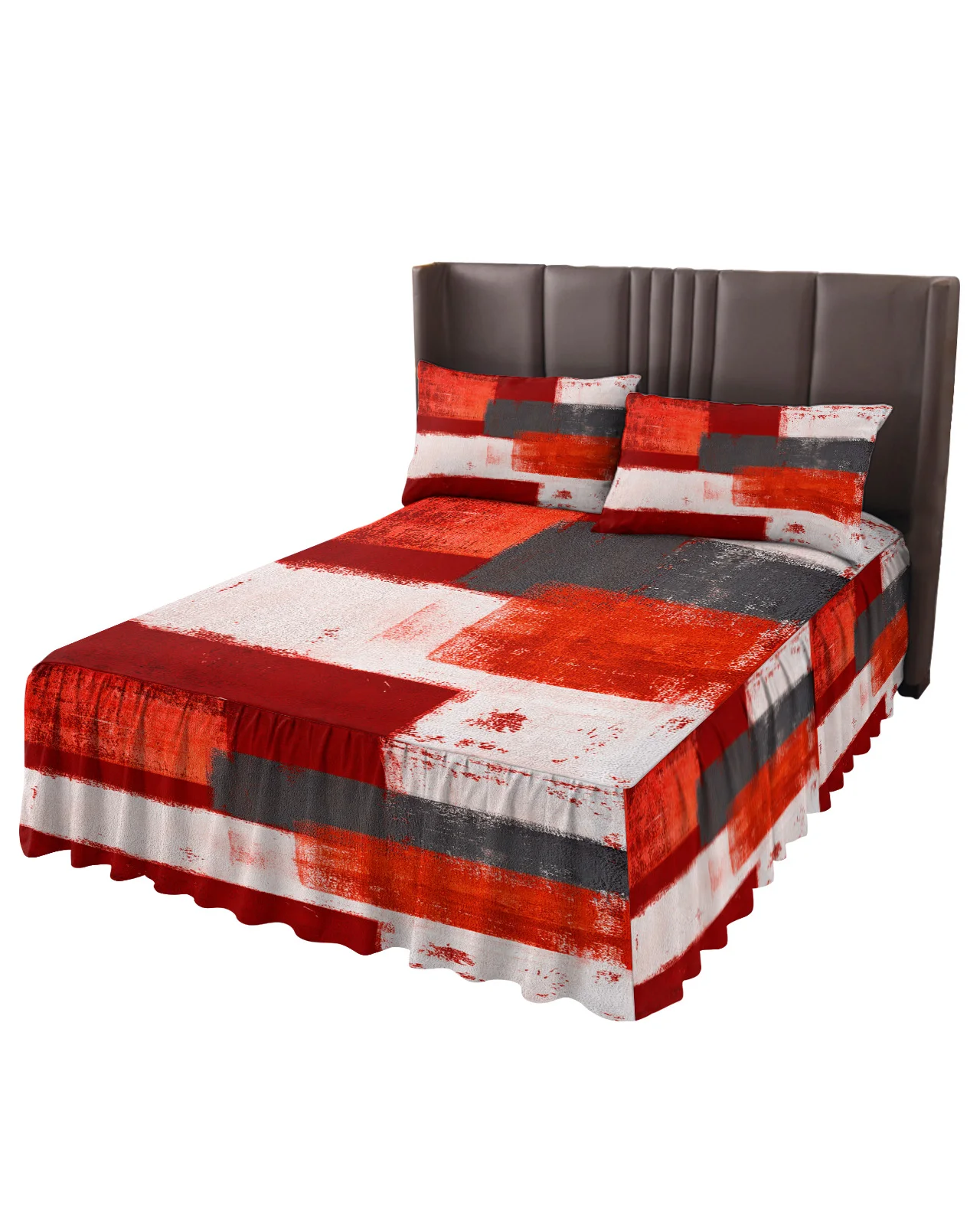 Oil Painting Abstract Geometric Red Bed Skirt Elastic Fitted Bedspread With Pillowcases Mattress Cover Bedding Set Bed Sheet