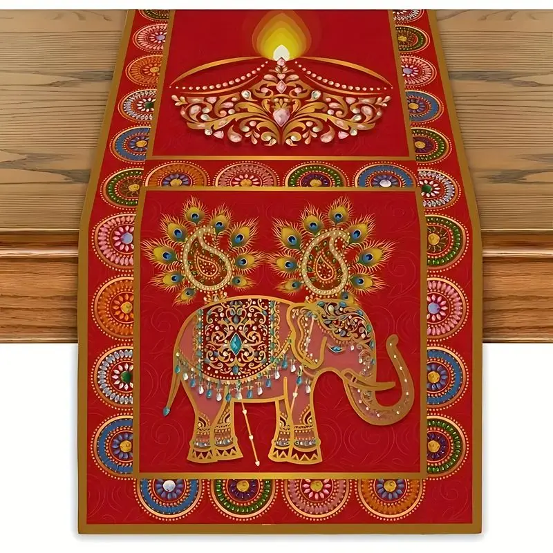 VIKAMA Happy Diwali Table Runner, Elephant Peacock Diya Lamp, Indian Festival of Lights Dining Table Party Home Decor