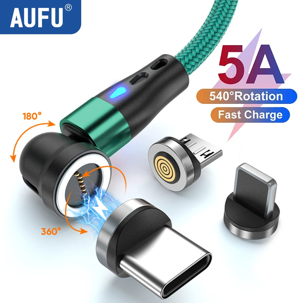 כבל טעינה מגנטי AUFU 5A 540 סובב כבל מגנטי Micro USB סוג C עבור iPhone 14 Samsung Xiaomi כבל טלפון נייד