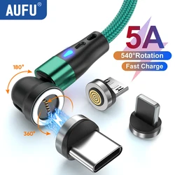 AUFU-5A Cabo de carregamento rápido magnético, rotação 540, micro USB, tipo C, iPhone 14, Samsung, Xiaomi Mobile Phone