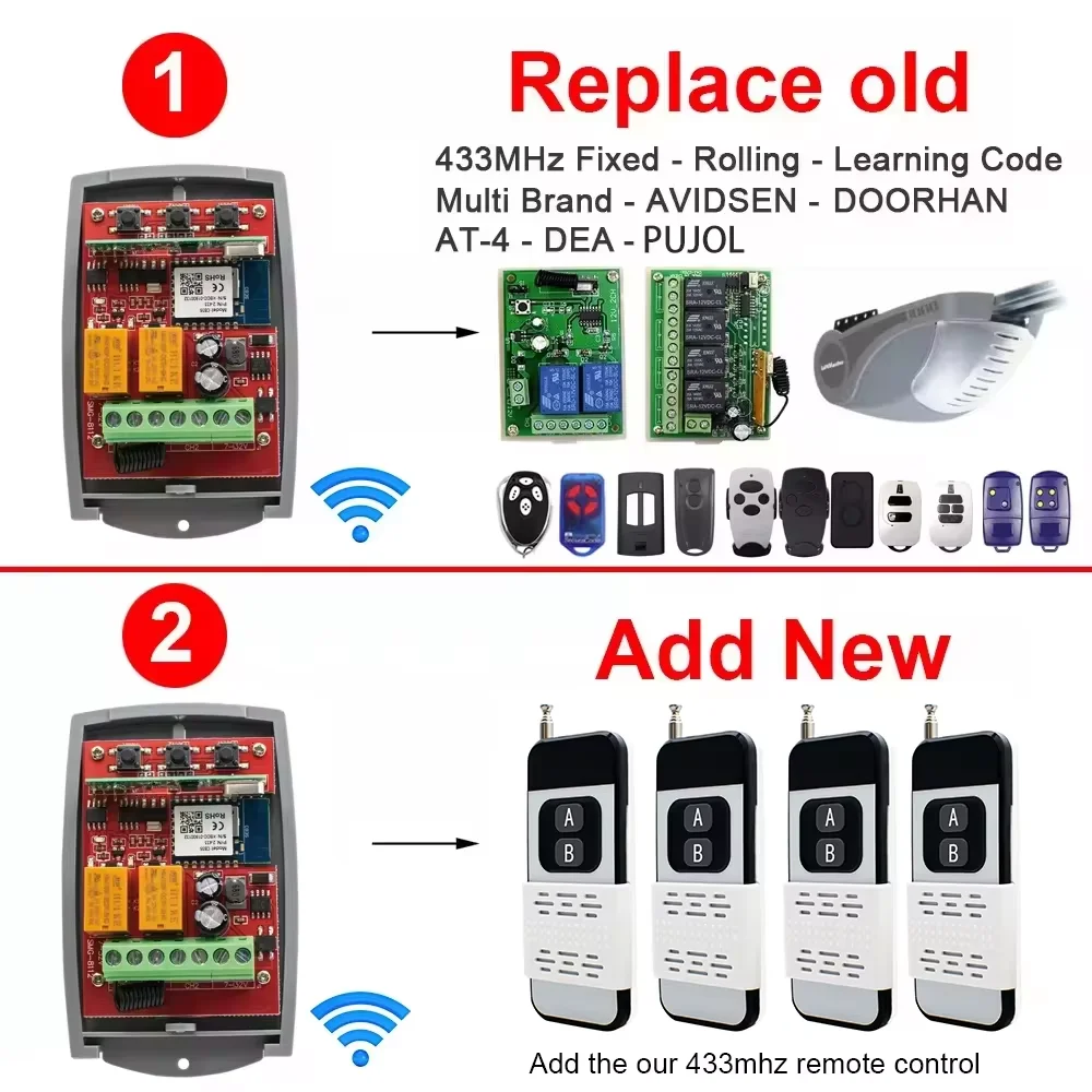 Tuya WiFi Universal 433mhz Remote Control Garage Door Receiver 2CH AC DC 12V 24V 220V Gate Opener 433.92 Transmitter For Alexa
