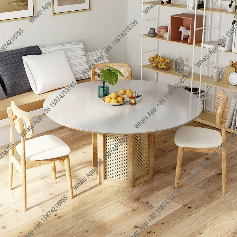 

Round dining table wabi sandy wind braided rattan solid wood dining table pure white rock slab countertop Nordic modern simple d