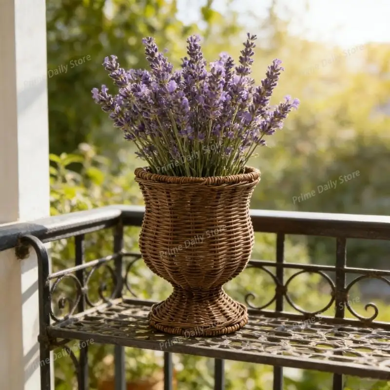 Goblet Shaped Imitation Rattan Vase, Woven Plastic Ornament for Flower Arrangement, Ideal Household Decor & Present