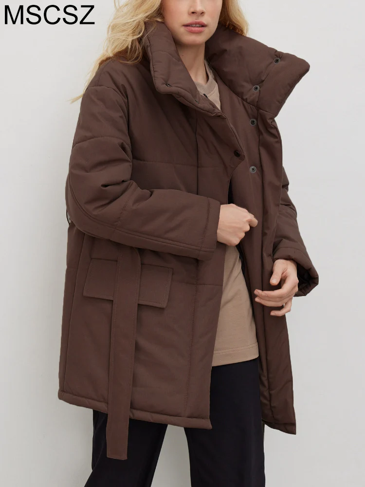 Winter Warm Parkas Woman Stand Collar Quilted Oversized Jacket Thick Cotton Padded Long Coat With Belt