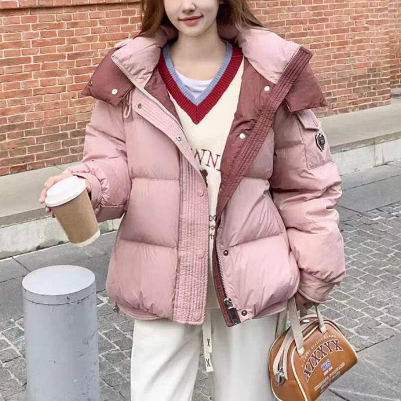 2024 Sweet Contrast Color Stitching Women\'s Down Jacket Fashion Hooded Long-sleeved Winter Warm Coat Commuting All-match Parkas