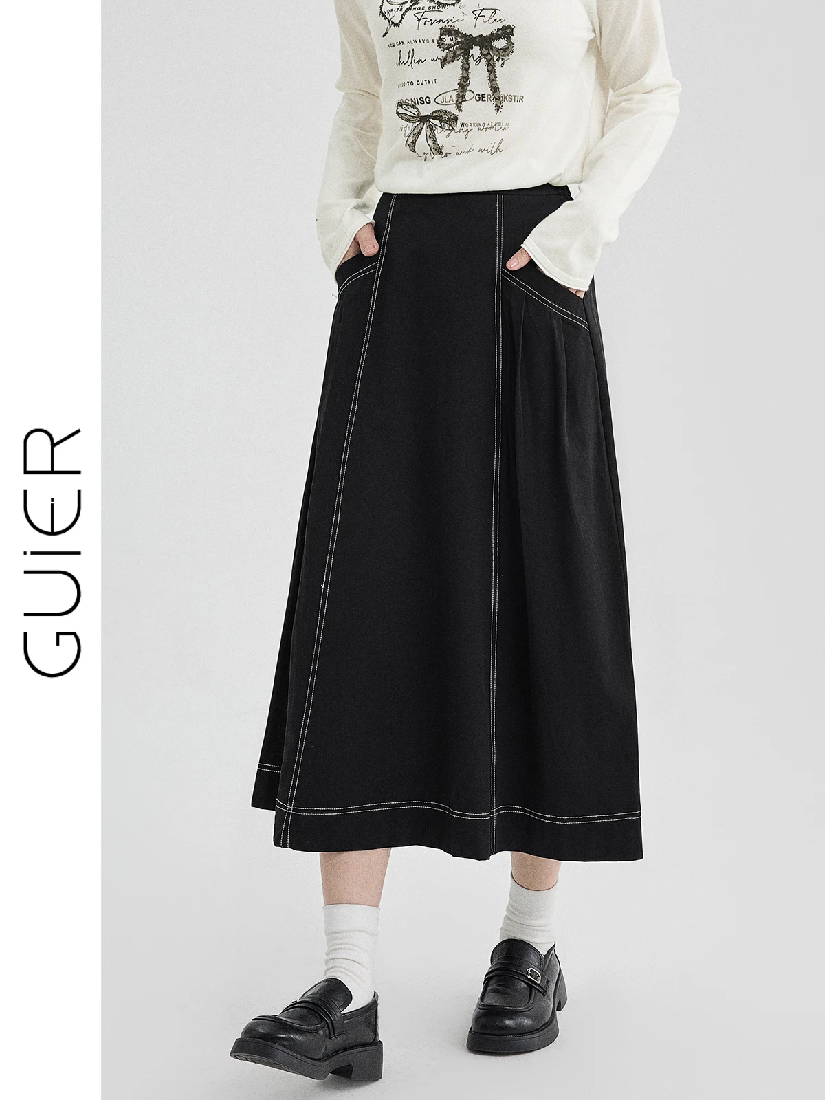 

Черная юбка А-силуэта с высокой талией и декоративной строчкой для женщин, повседневная, универсальная, весенняя новинка, стройнящая, средней длины