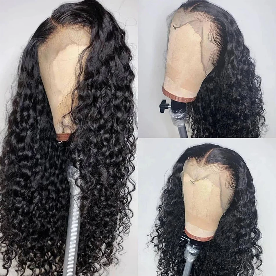 Perruque Lace Front Wig Brésilienne Naturelle Bouclée, Cheveux Humains, 13x4, 26 30 Pouces, Densité 200, Transparent, Deep Wave, pour Femme Africaine