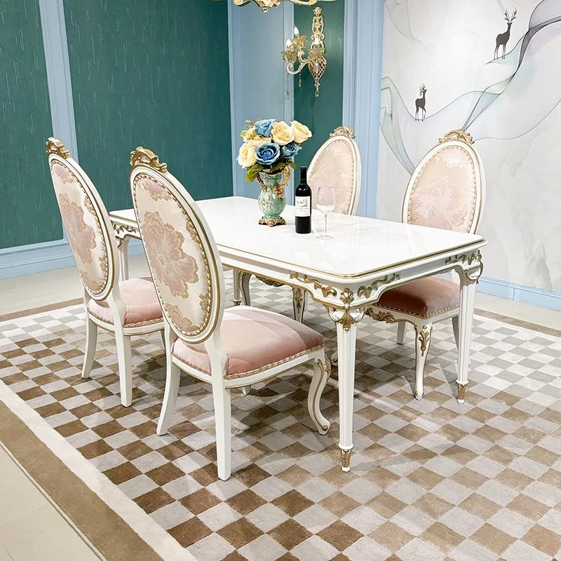 Solid wood dining table and chair combination, European-style palace luxury carved rectangular dining table 6 people restaurant
