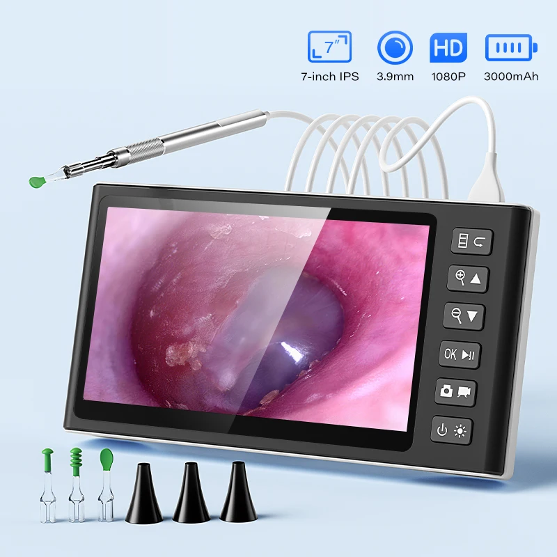 Visual Otoscope Camera Ultra Thin 3.9mm 1080P with 7'' IPS Screen Split Design Ear Scope Ear Picker Cleaing for Ear Wax Removal