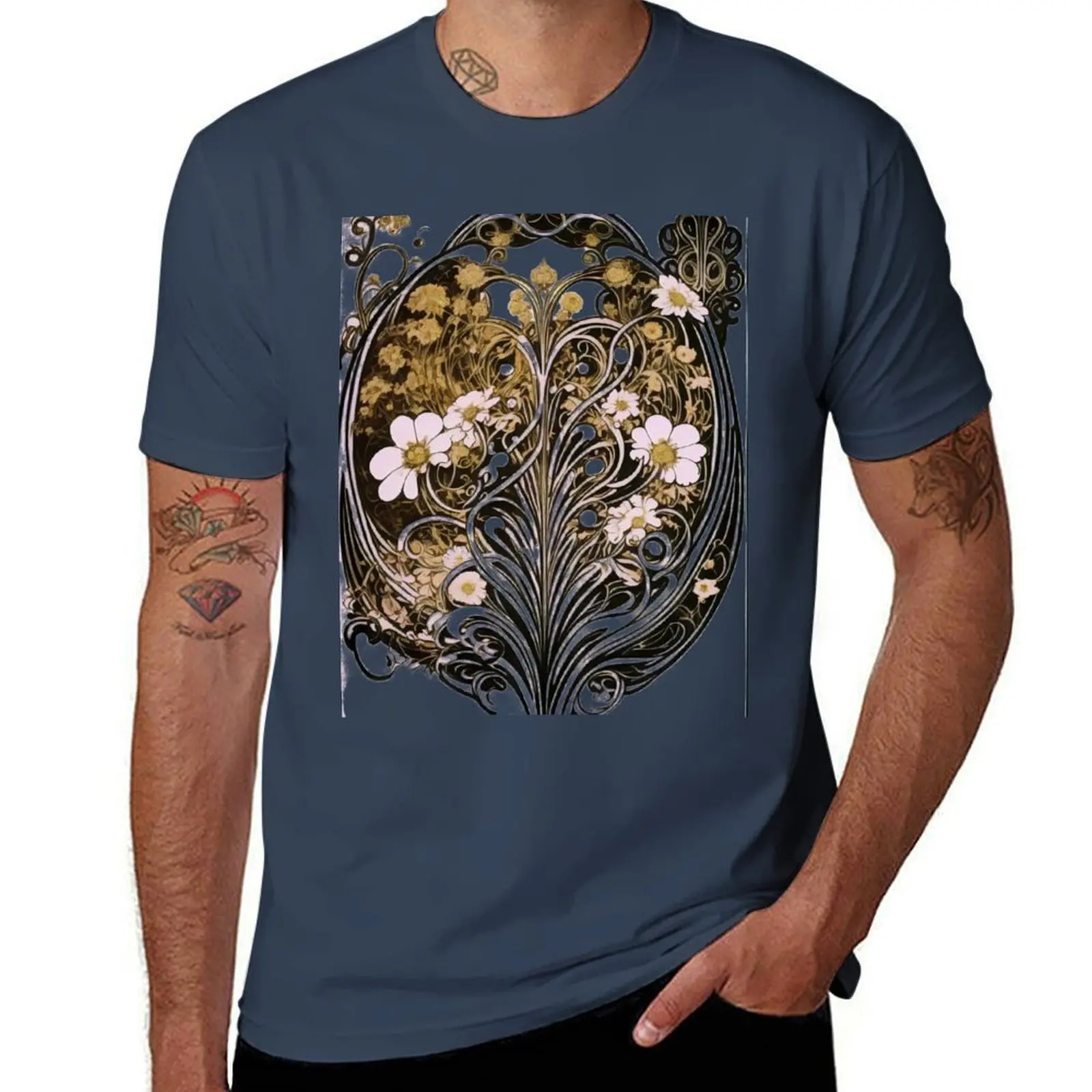 

Nouveau Nature Print Alphonse Vintage Art Mucha Classical Flower T-Shirt Running Gym Short Sleeve Sports Tee