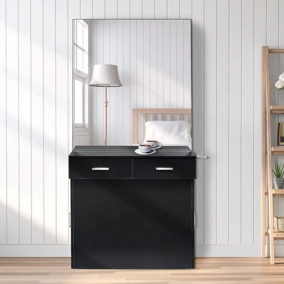 

Hairdressing Cabinet With Mirror Salon Cabinet 15CM E0 Particleboard Pitted Surface 2 Drawers 2 Doors Black[US-Stock]