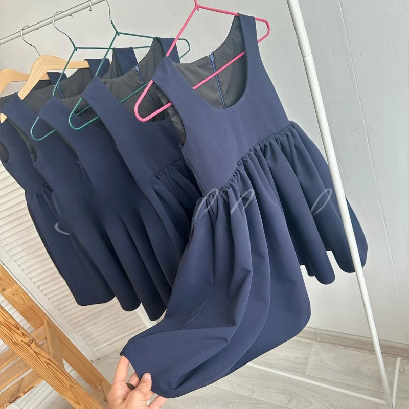 

Teen Girl Clothes 2025 Navy Blue Princess Dress Girls Summer Sleeveless Round Neck Birthday Gown European Style Formal Outfit