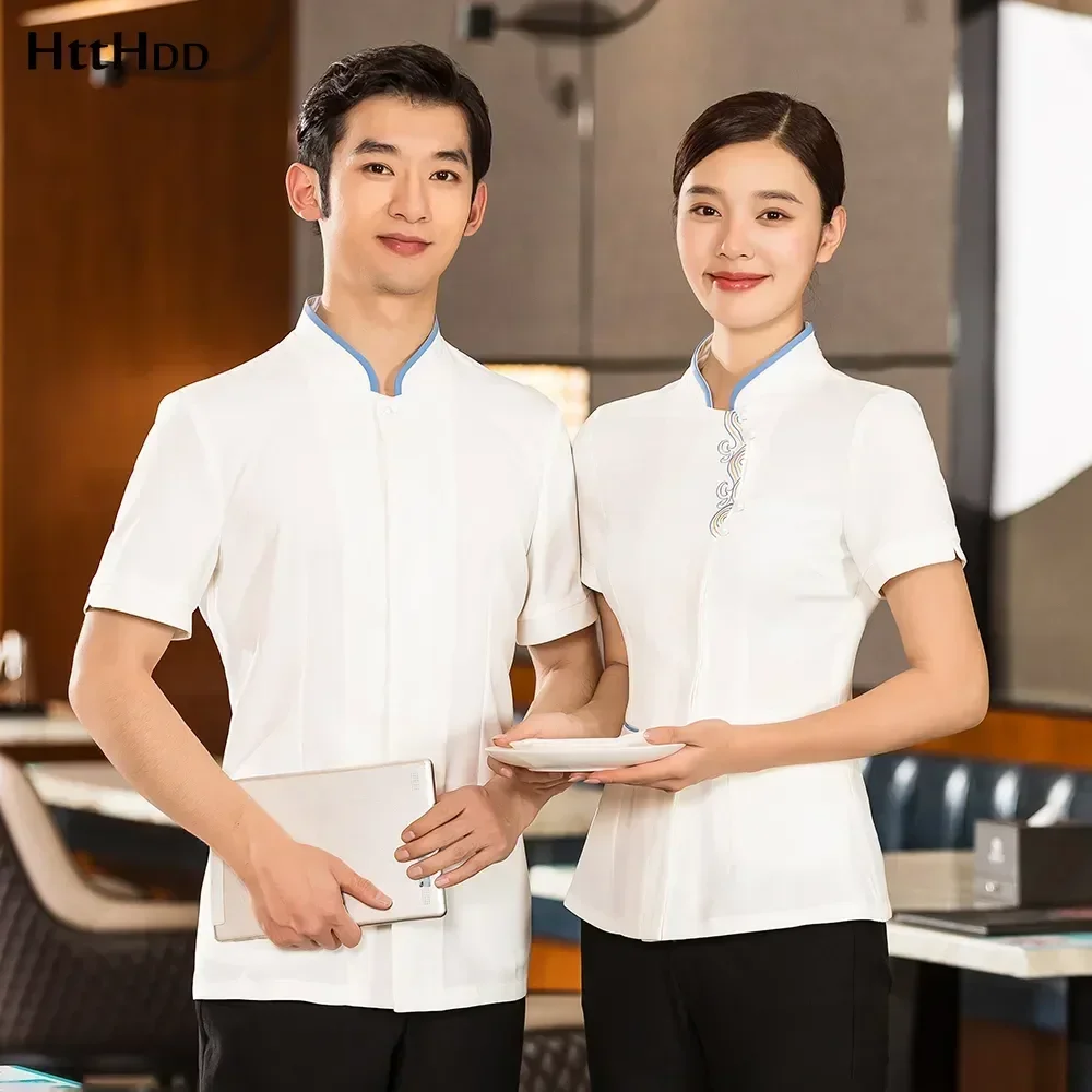 

Women Coffee Work Hotel Men New Western Overalls Uniform Shop Shirt Restaurant Logo Slim Custom Waitress Waiter Embroidery