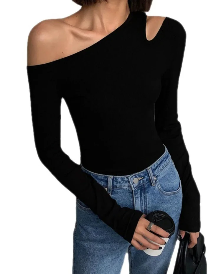 تي شيرت موضة انحراف طوق خارج الكتف طويلة الأكمام تي شيرت المرأة ربيع جديد الصلبة سليم صالح المحاصيل الأعلى مثير الجوف خارج