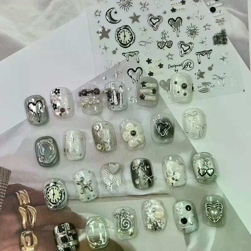 Silver Lava Annual Ring Cherry Clock Watch Starburst Love Heart Rate Chart Moon Star Line Bowknot Line Nail Art Stickers Decals