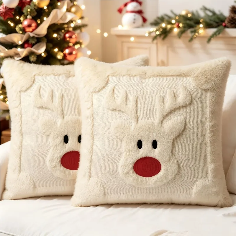 Christmas Decorative Throw Cushion Set - Knitted Christmas Tree/Christmas Reindeer Pattern for Living Room Sofa Cushion Cover